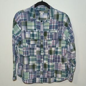 LL Bean Blue + Green Plaid Madras Patchwork Button Down Shirt Women's Size M